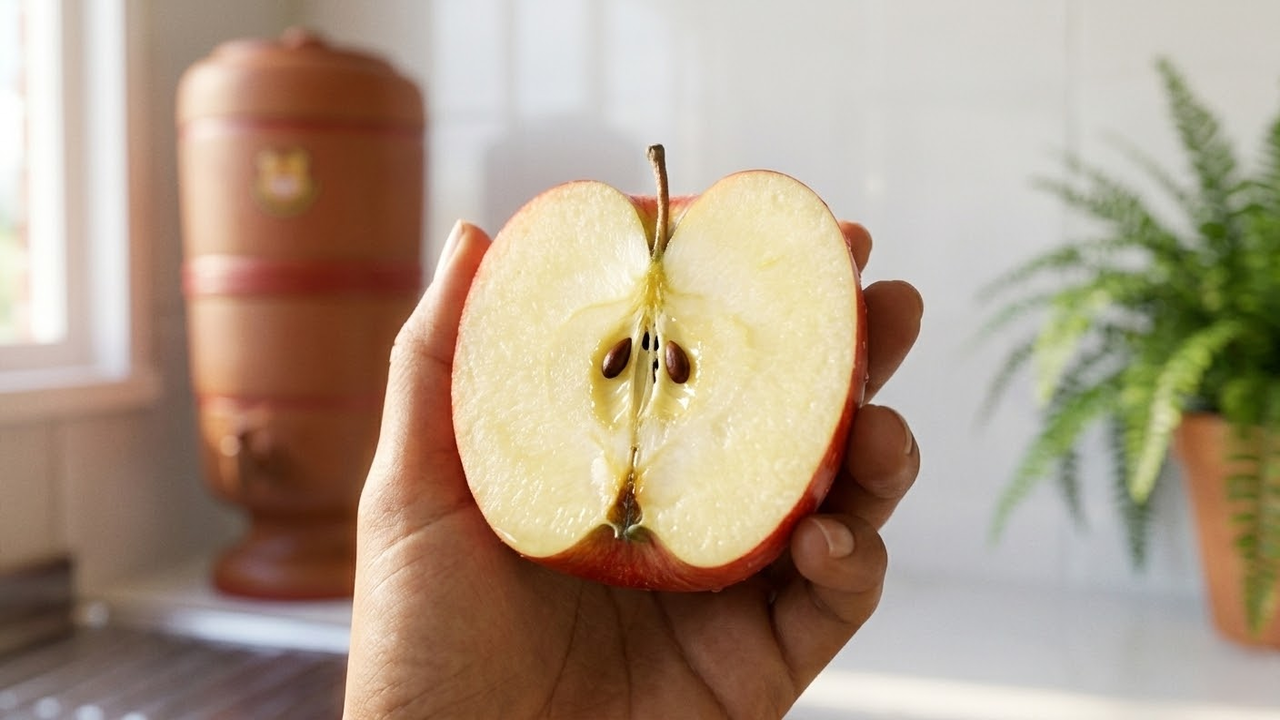 Visão em primeira pessoa segurando uma maçã fatiada e muito suculenta