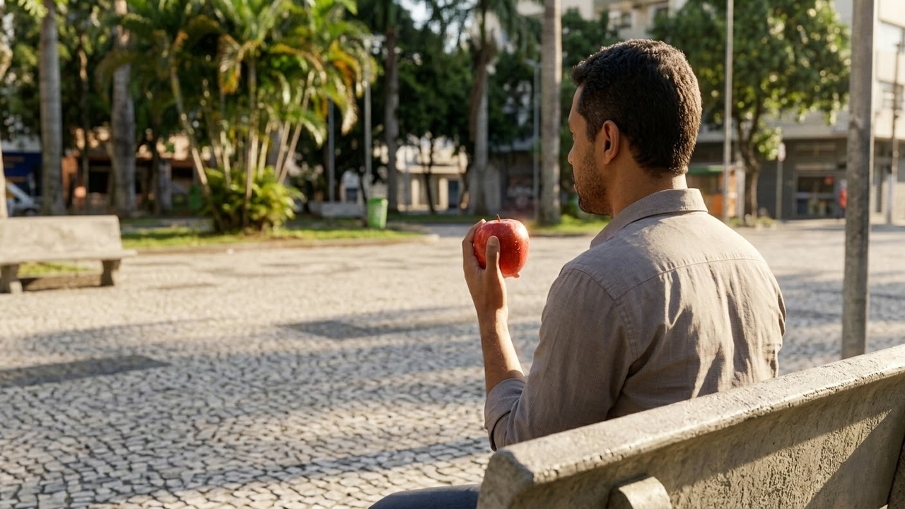 Homem descansando na praça enquanto segura uma maçã vermelha na mão