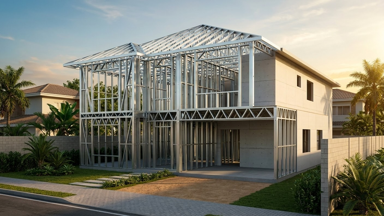 Casa de Light Steel Frame em construção brilhando sob o sol de fim de tarde