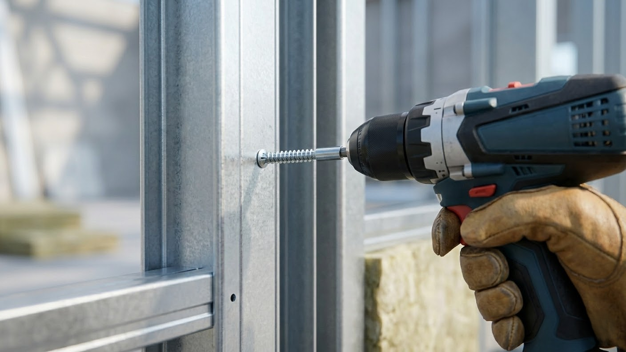Detalhe macro de uma parafusadeira fixando o aço galvanizado na obra limpa