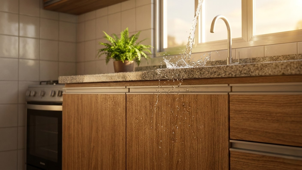 Cozinha moderna ensolarada com armário molhado sem estragar