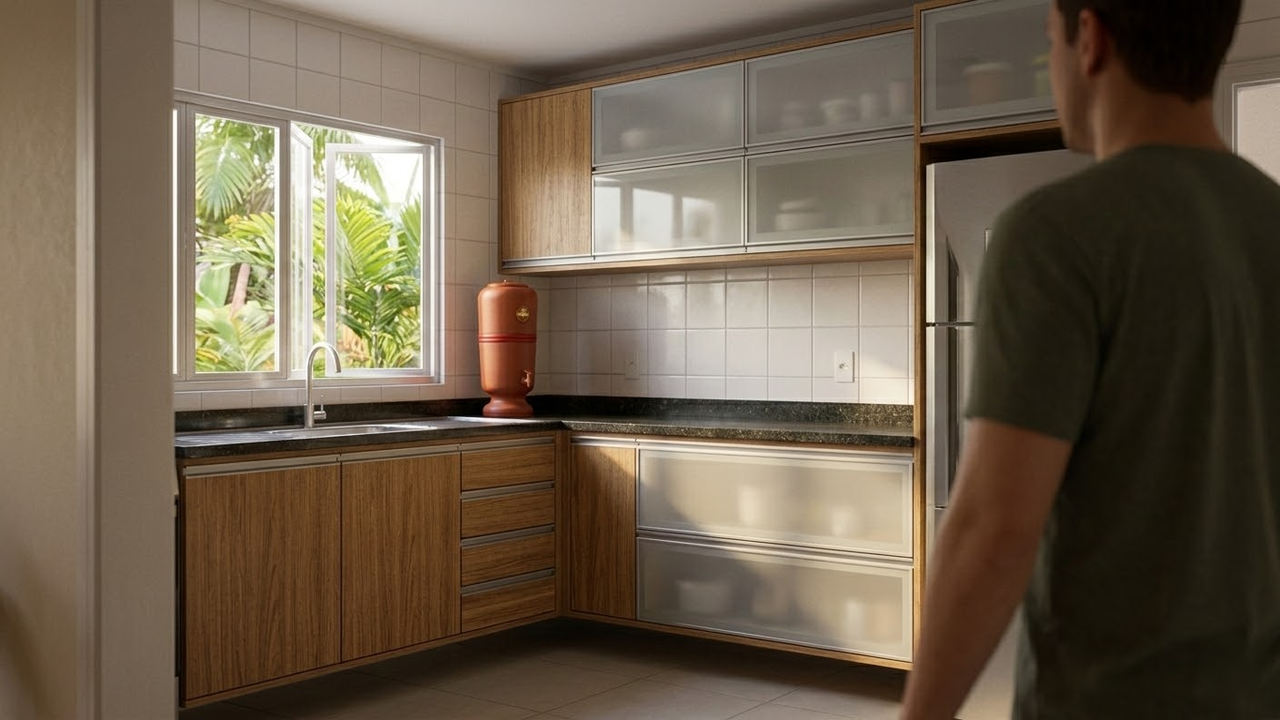 Visão ampla de cozinha renovada com material à prova d'água