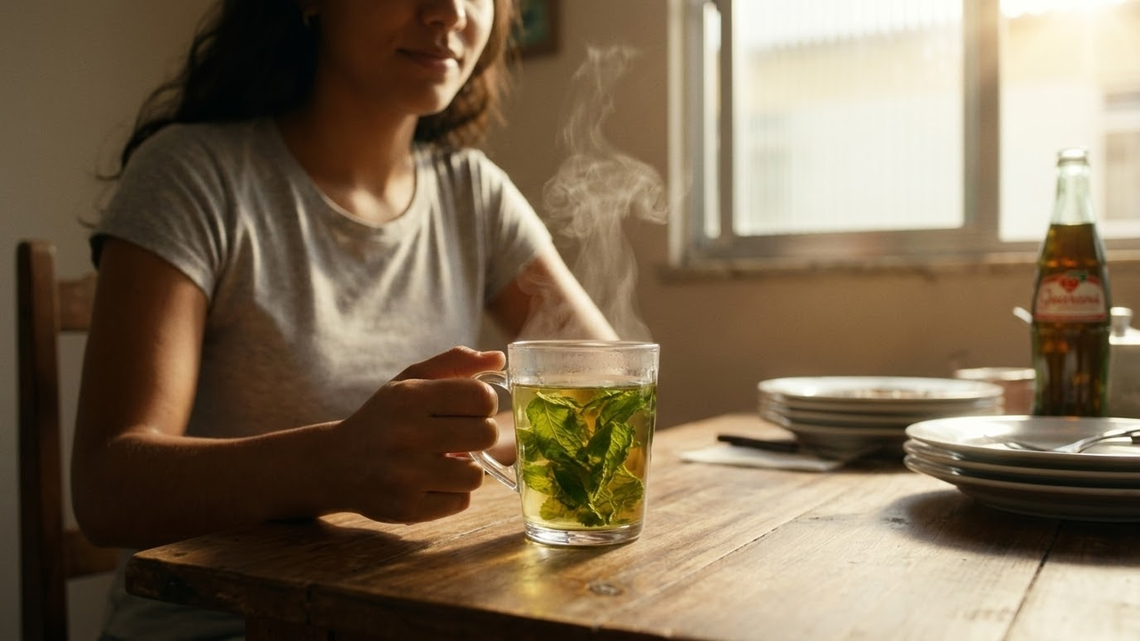 Mulher aliviada tomando chá de hortelã-pimenta após um almoço brasileiro