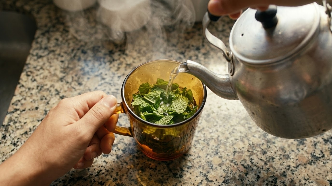 Visão em 1ª pessoa despejando água quente sobre folhas frescas de hortelã
