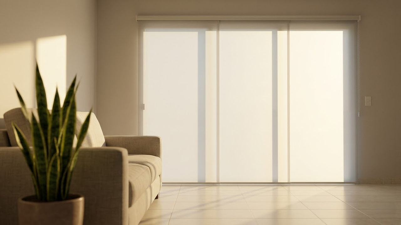 Sala de estar brasileira iluminada com painel japonês elegante na janela