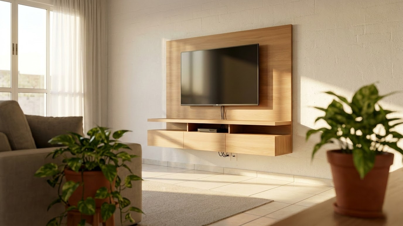 Sala de estar brasileira moderna com painel de TV suspenso e chão livre