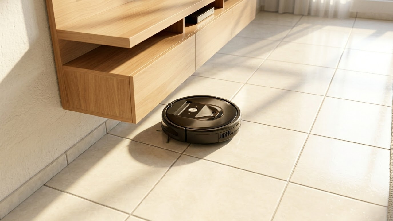 Visão em 1ª pessoa de robô aspirador limpando facilmente sob o painel suspenso