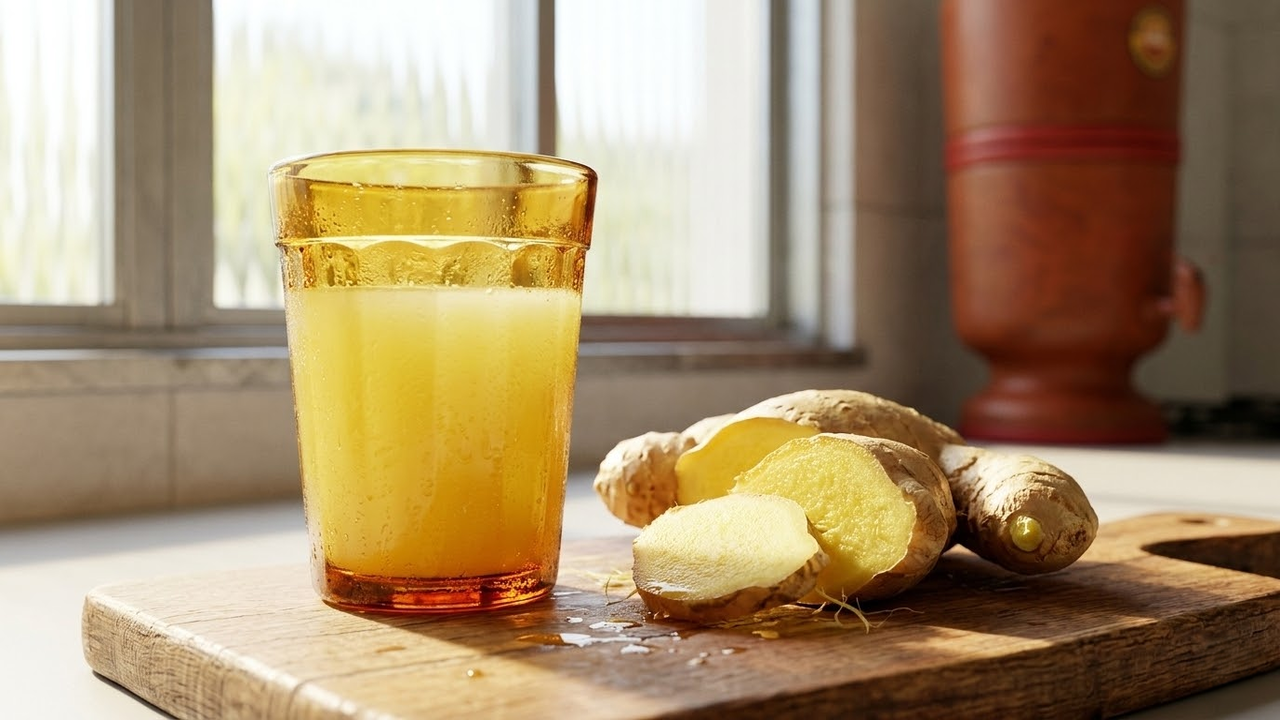 Copo suado de suco de gengibre com raiz fresca na mesa ensolarada