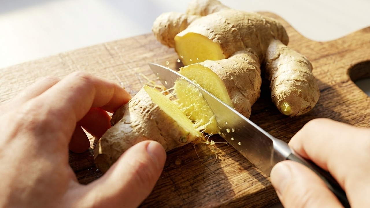 Visão em 1ª pessoa cortando raiz de gengibre fresca com uma faca