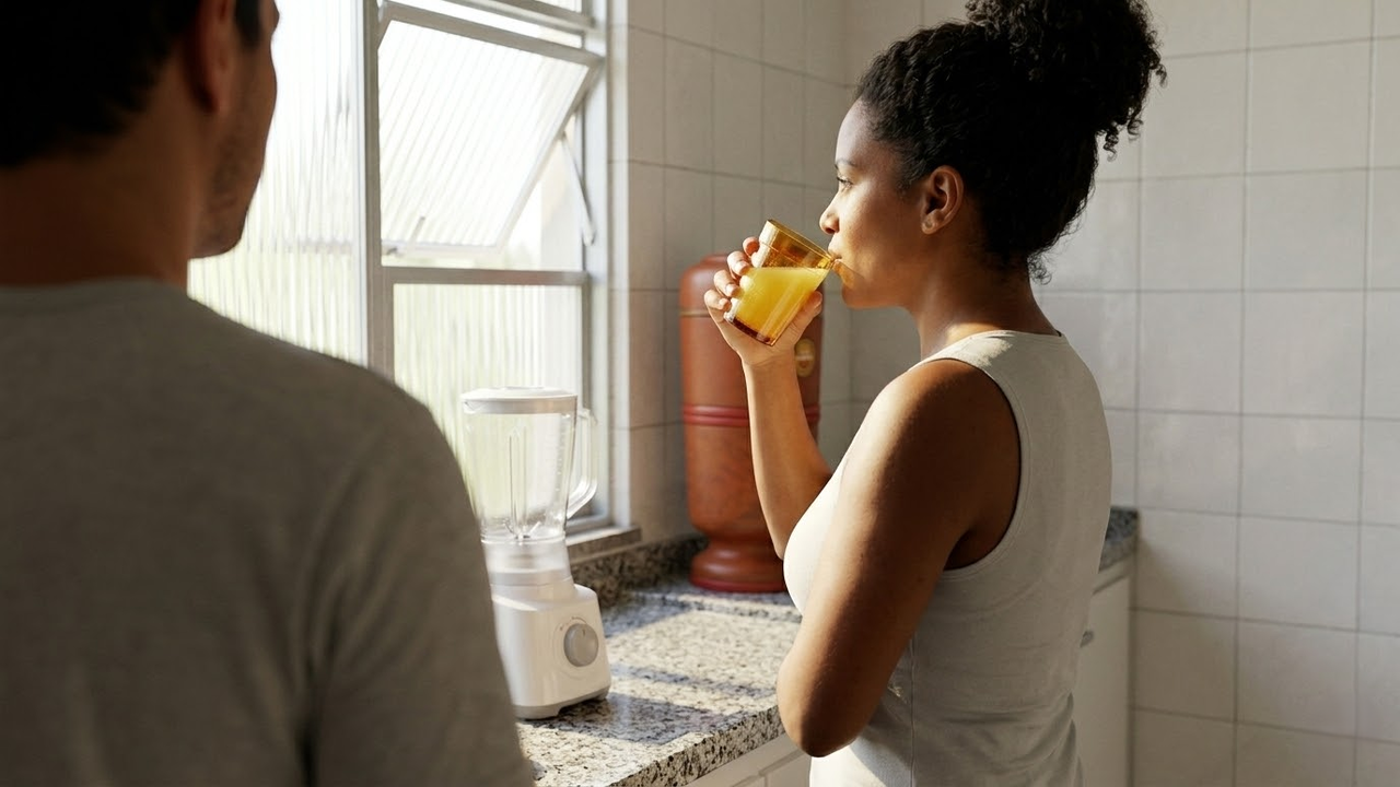Mulher energizada prestes a tomar um shot de gengibre na cozinha