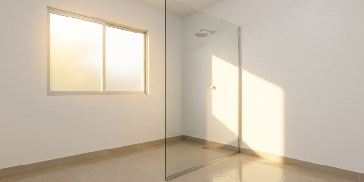 Banheiro brasileiro moderno com chuveiro aberto e vidro fixo reluzente