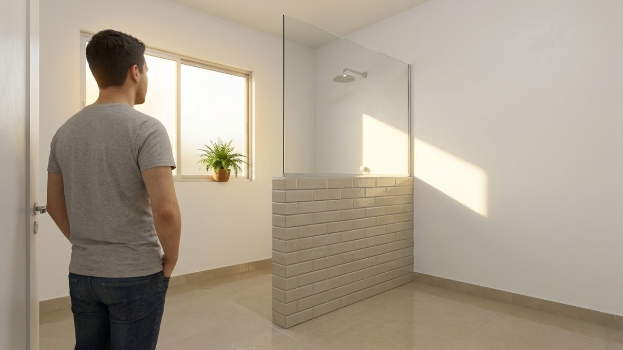 Dono admira banheiro ampliado com meia-parede de alvenaria no chuveiro