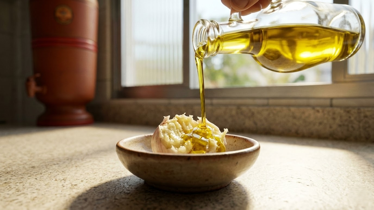 Azeite dourado sendo derramado sobre alho amassado em uma cozinha brasileira