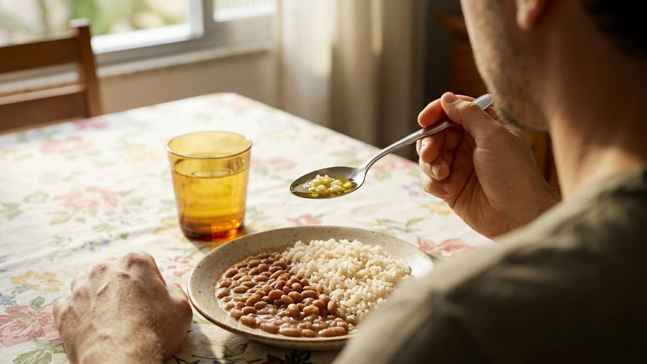 Pessoa segurando colher com alho e azeite sobre um prato de comida brasileira