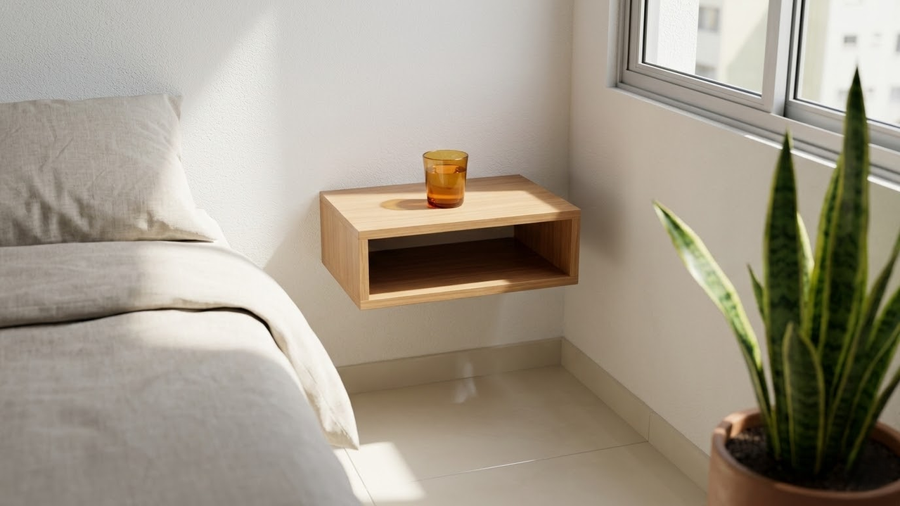 Quarto brasileiro moderno com prateleira de cabeceira suspensa e chão livre