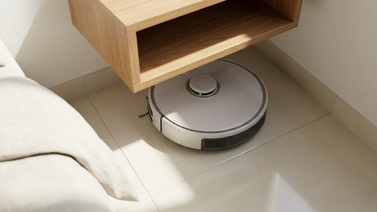 Visão em POV de um robô aspirador limpando o chão livre sob a prateleira suspensa.