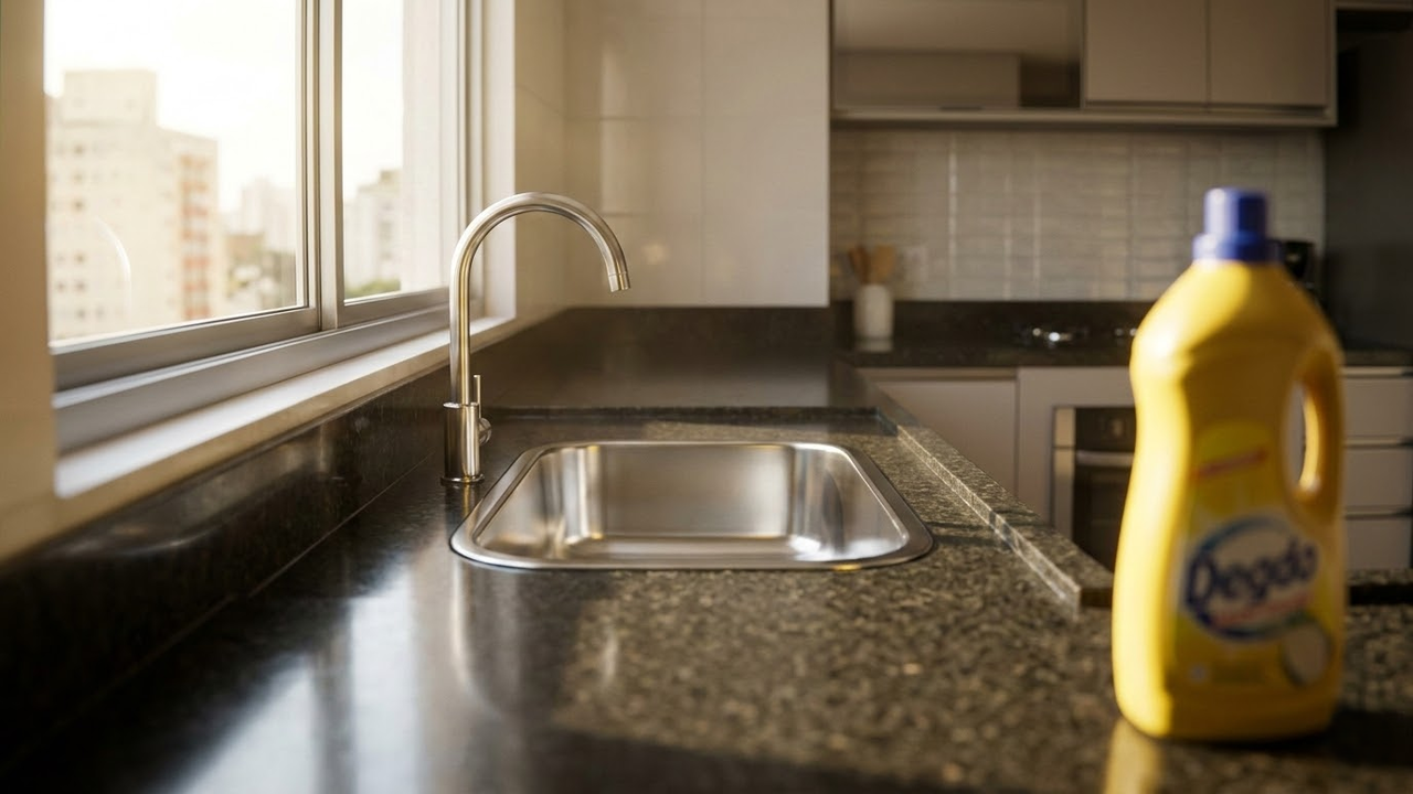 Lavanderia moderna com bancada de granito e cuba de inox embutida