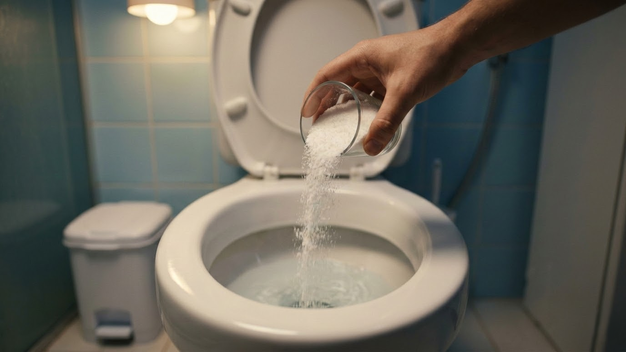 Mão despejando pó branco mágico na água do vaso sanitário à noite