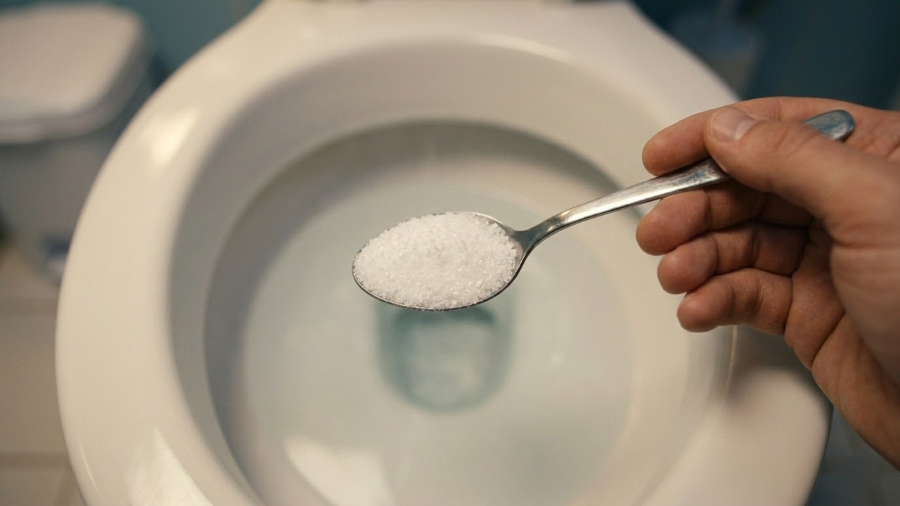 Visão em 1ª pessoa segurando colher com pó limpador sobre o vaso sanitário