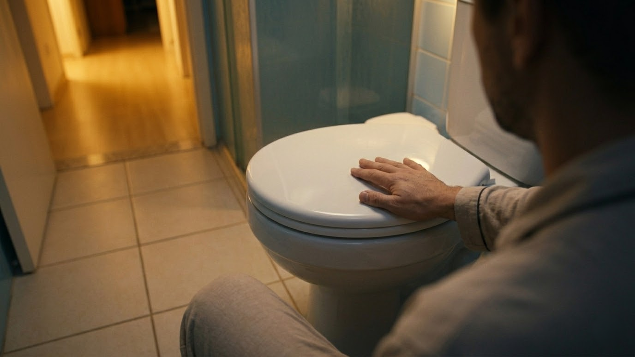 Pessoa de pijama fechando a tampa do vaso sanitário limpo antes de dormir