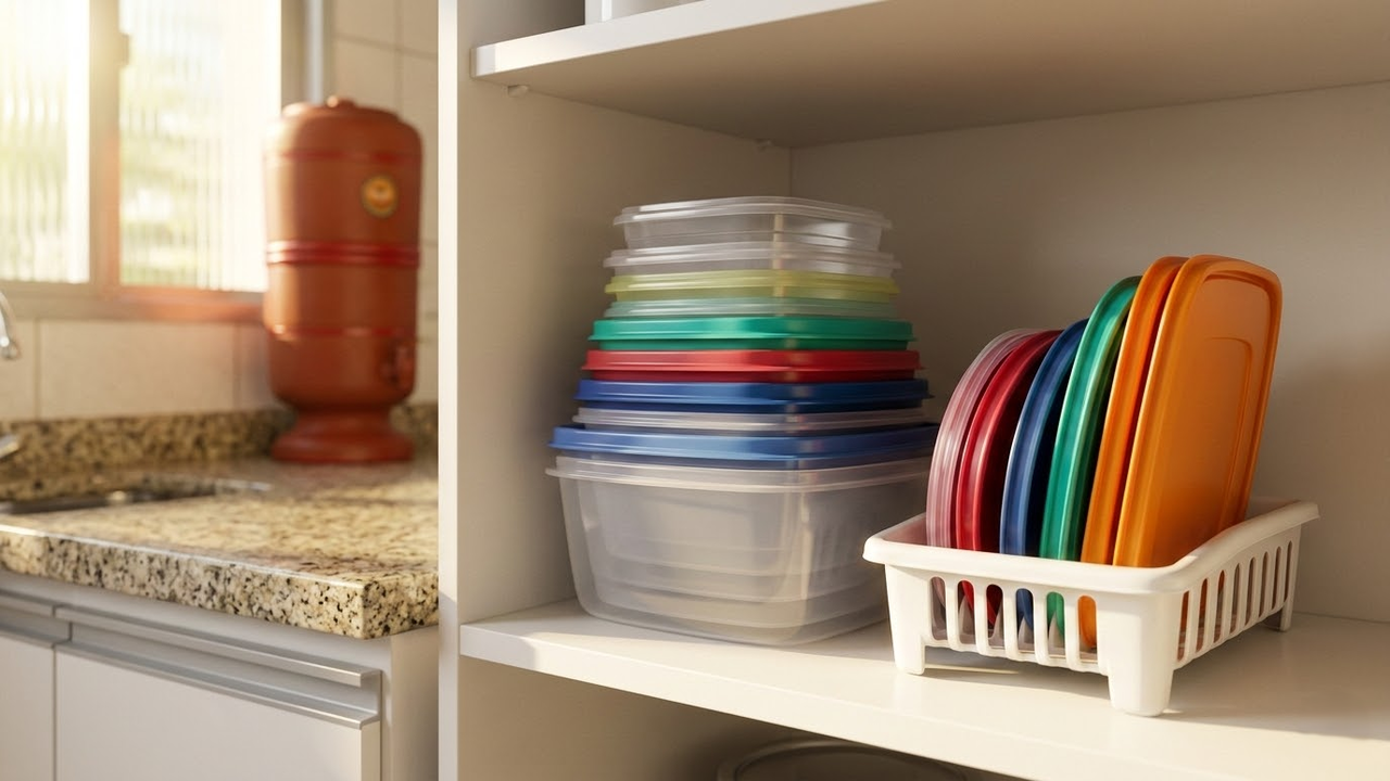 Gaveta de cozinha brasileira com potes aninhados e organizados