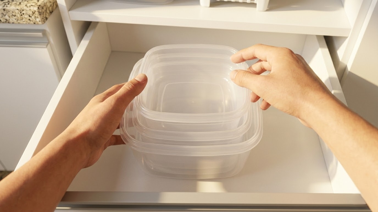 Mãos aninhando potes de plástico em gaveta de cozinha.