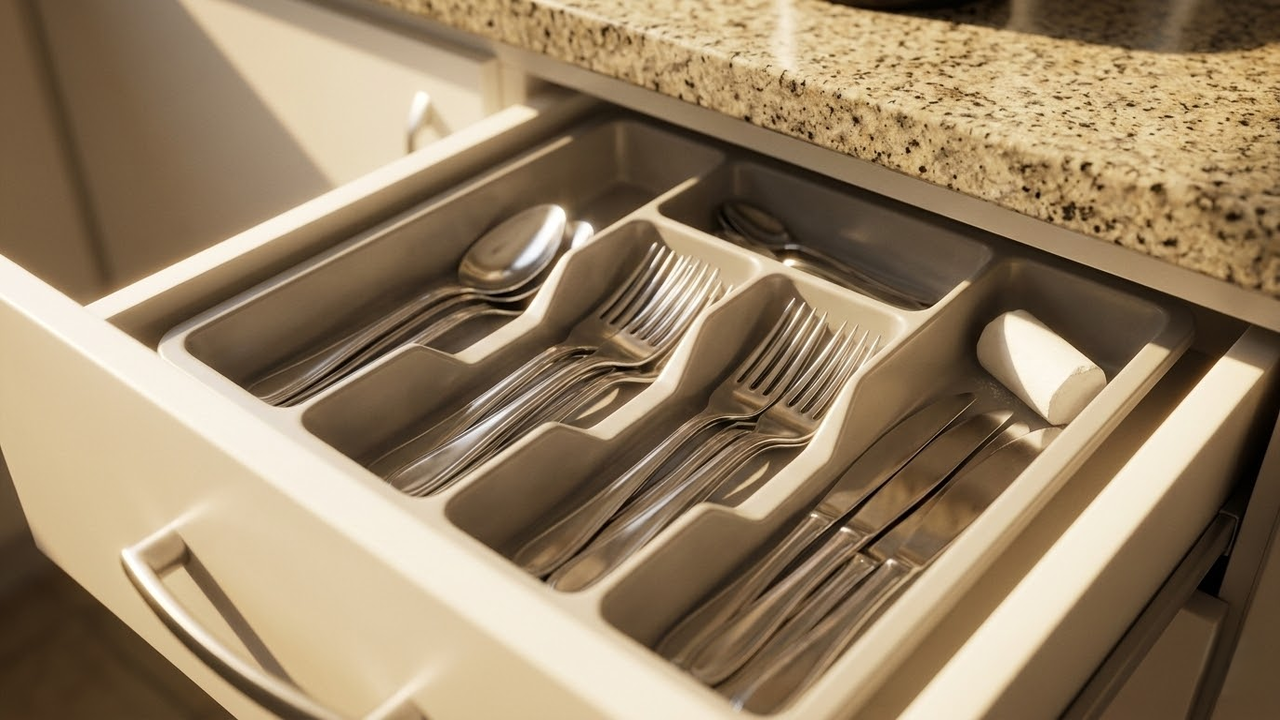 Gaveta de cozinha aberta com talheres de inox brilhantes e um pedaço de giz no canto