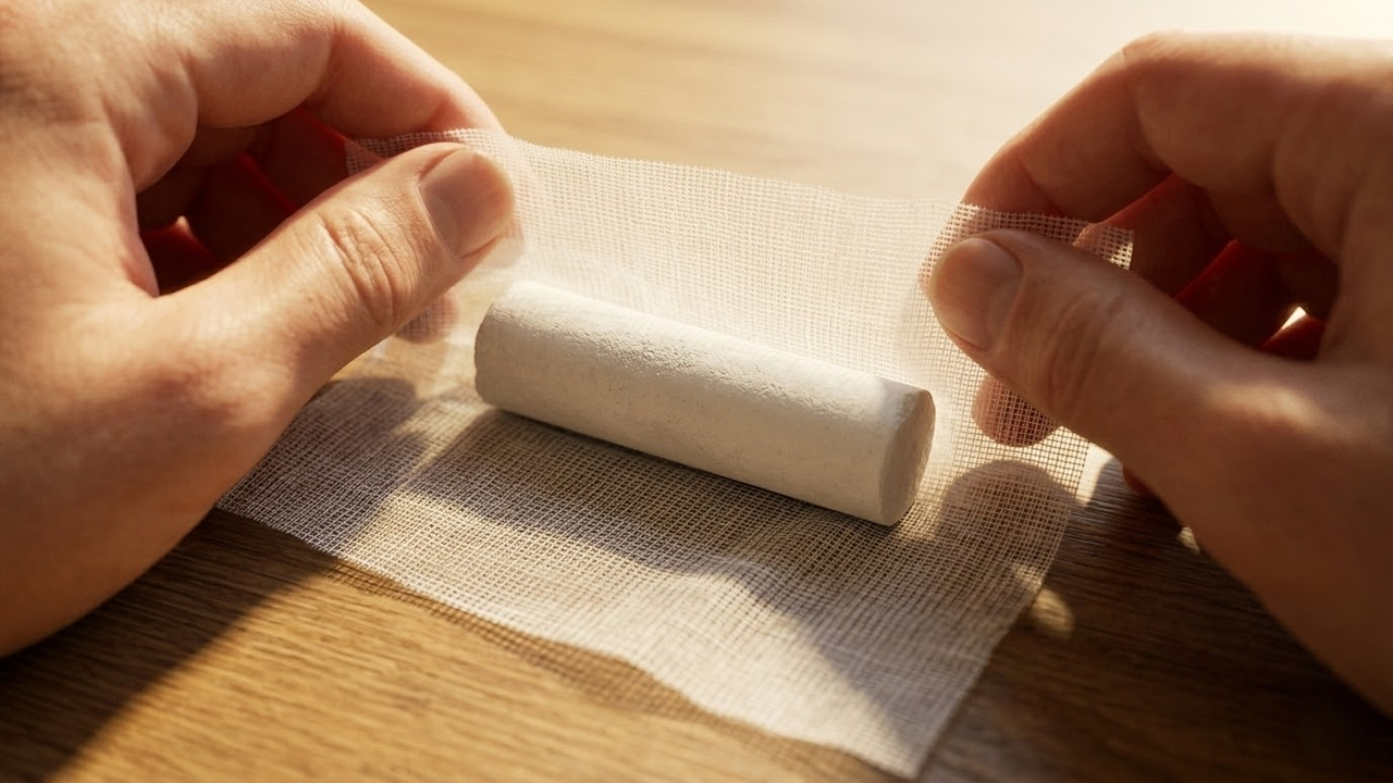 Visão em 1ª pessoa embrulhando um giz escolar branco em uma gaze fina