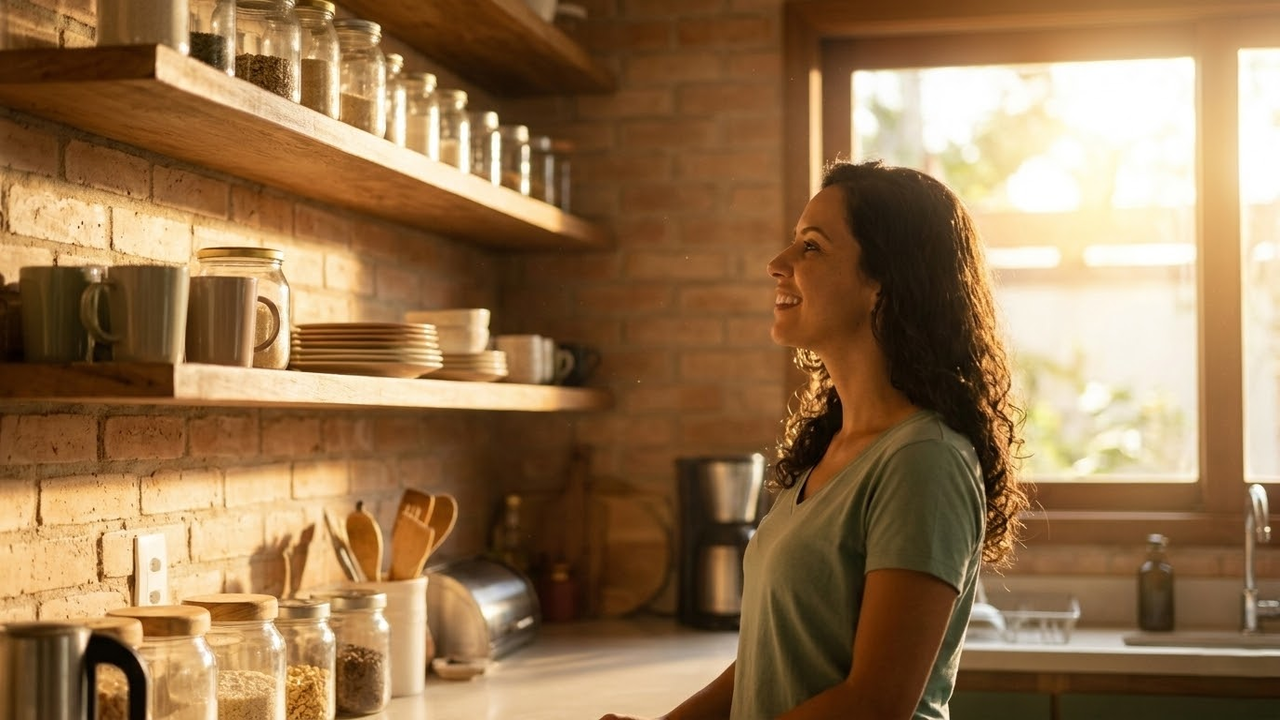 Mulher sorridente admirando suas novas prateleiras abertas de madeira em uma cozinha brasileira iluminada pelo sol.
