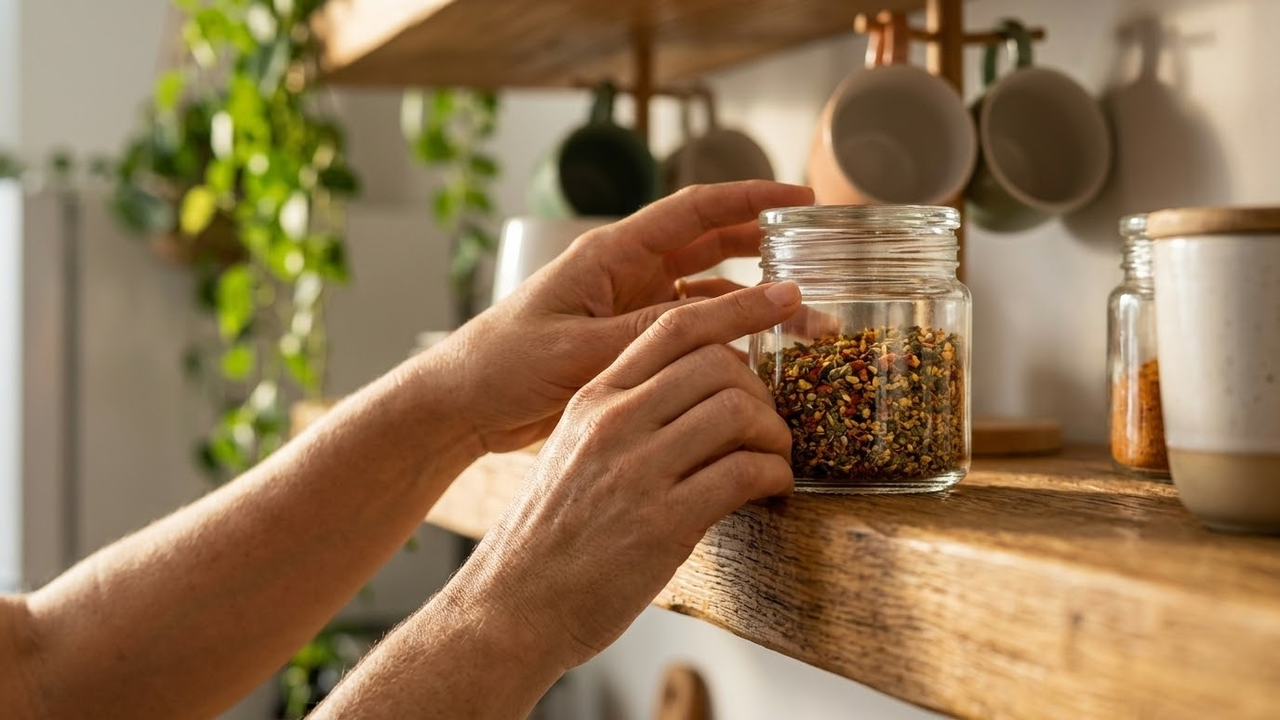 Mãos alcançando um pote de vidro com temperos em uma prateleira rústica de madeira com plantas ao fundo.