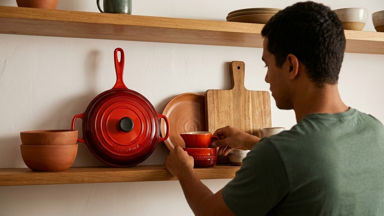 Homem organizando uma panela de ferro vermelha e cerâmicas artesanais em uma prateleira aberta bem iluminada.