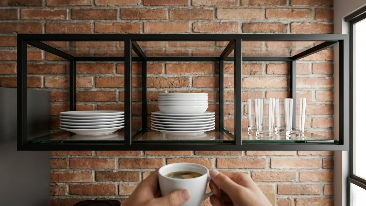 Visão em primeira pessoa admirando uma prateleira industrial de metal preto com pratos e copos robustos organizados.