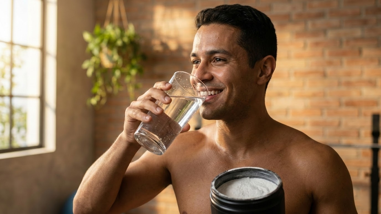 Homem sorridente bebendo água ao lado de um pote de creatina em um ambiente iluminado pelo sol.
