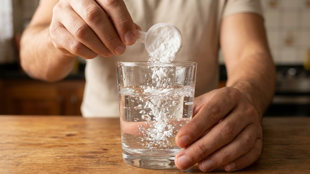 Foco detalhado em pó branco caindo em um copo de água cristalina sobre uma mesa rústica de madeira