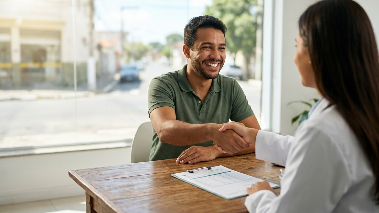 Paciente sorridente cumprimentando uma médica em um consultório claro com exames sobre a mesa