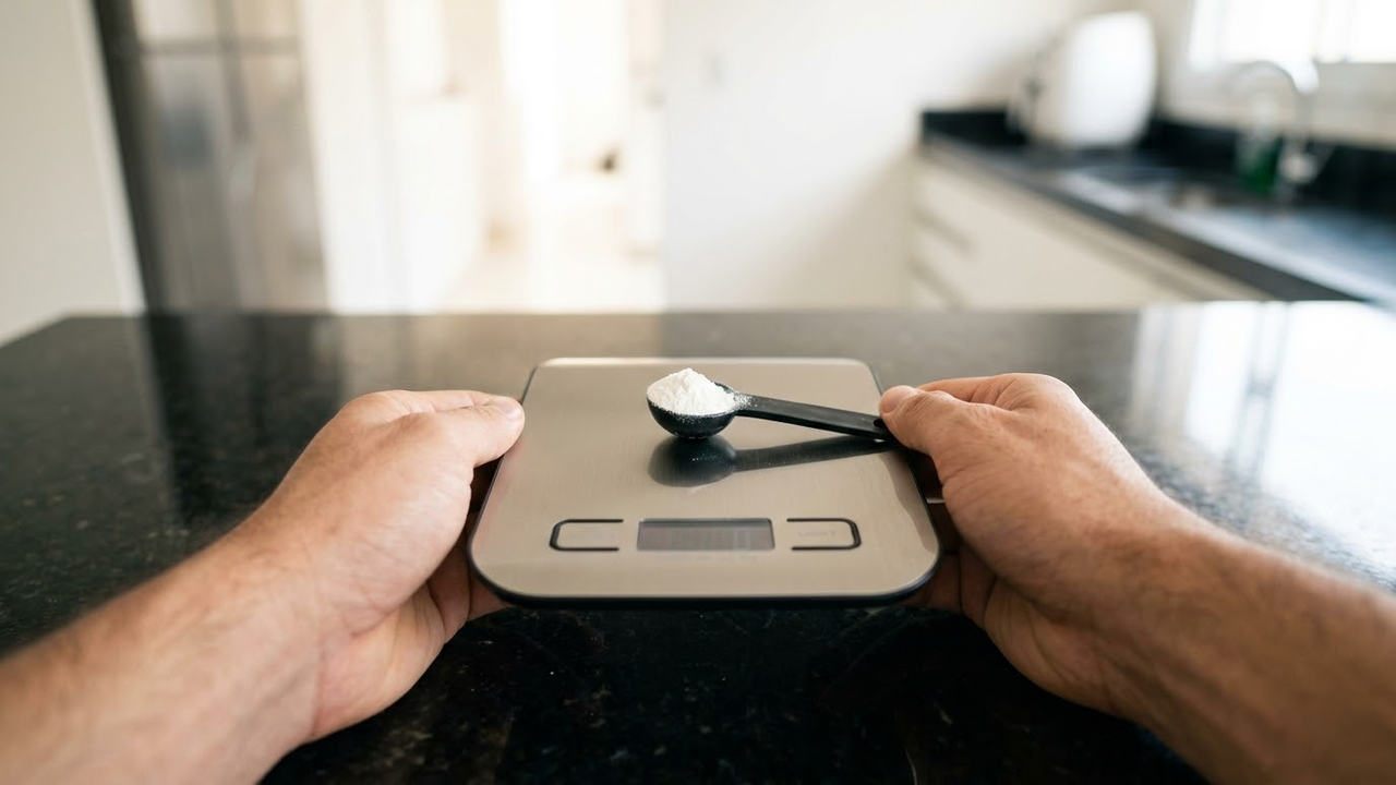 Visão em primeira pessoa de mãos pesando pó branco em uma balança digital de precisão sobre uma bancada.