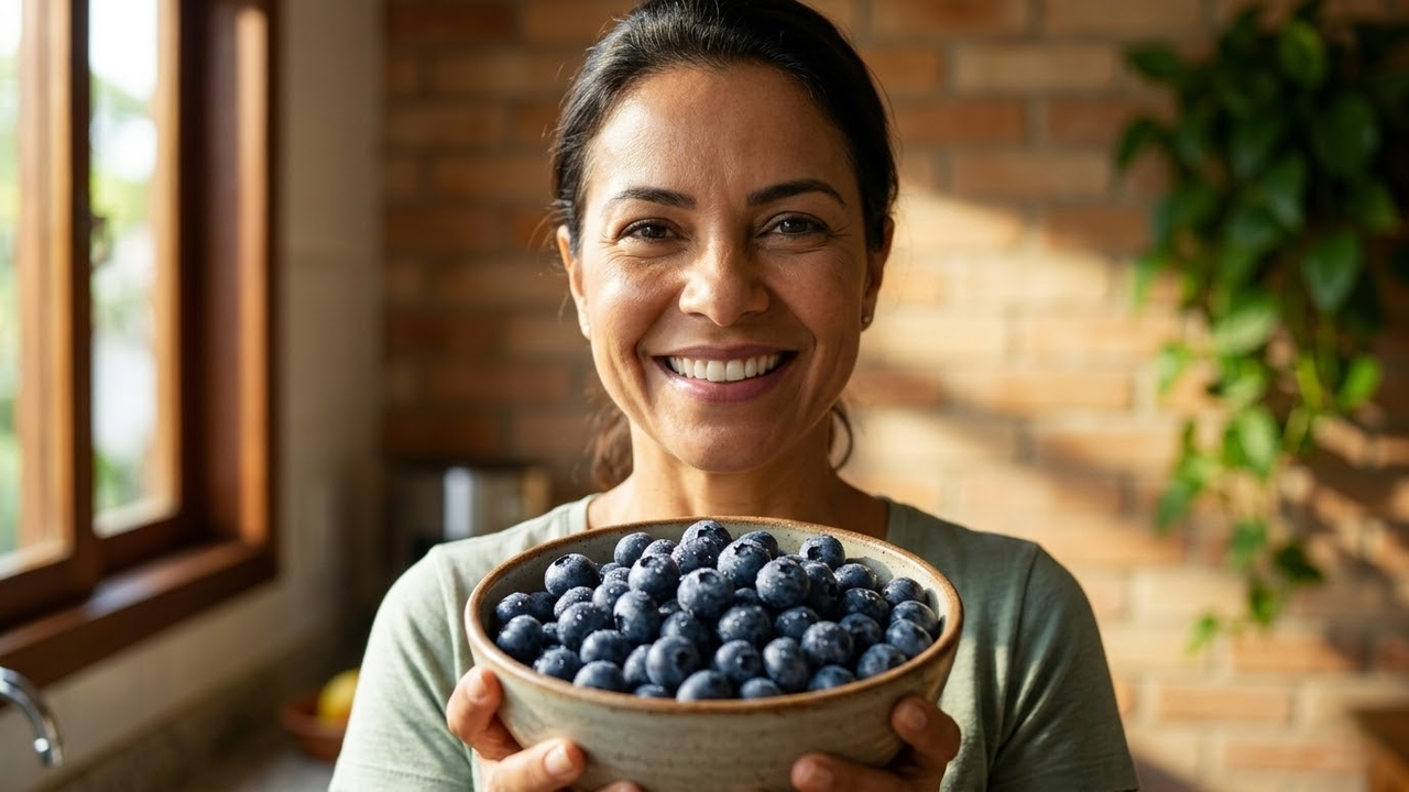 Mulher Brasileira sorridente segurando uma tigela de mirtilos frescos em uma cozinha iluminada pelo sol.