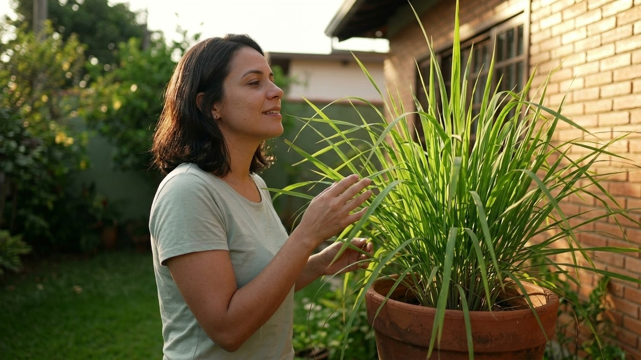 Mulher brasileira relaxando em um quintal perfumado ao lado de um vaso de Citronela sob a luz do pôr do sol.