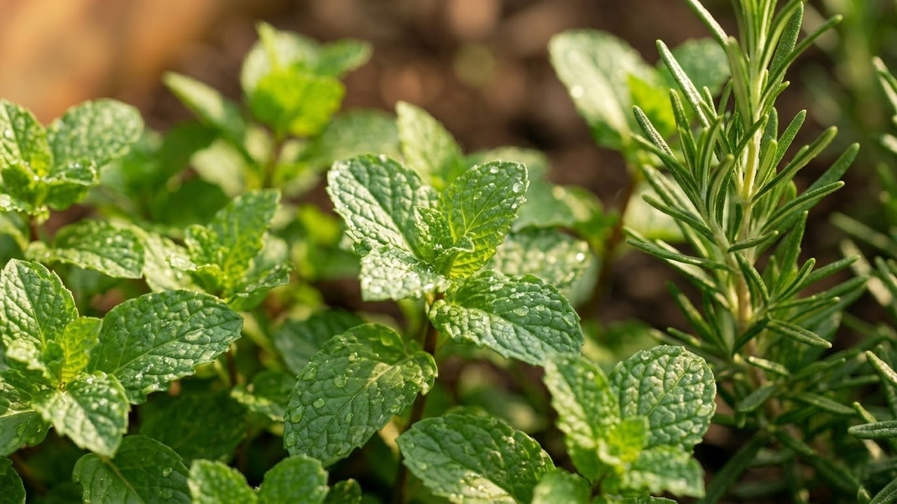 Close macro de folhas de Hortelã e Alecrim com gotas de orvalho sob o sol da manhã.