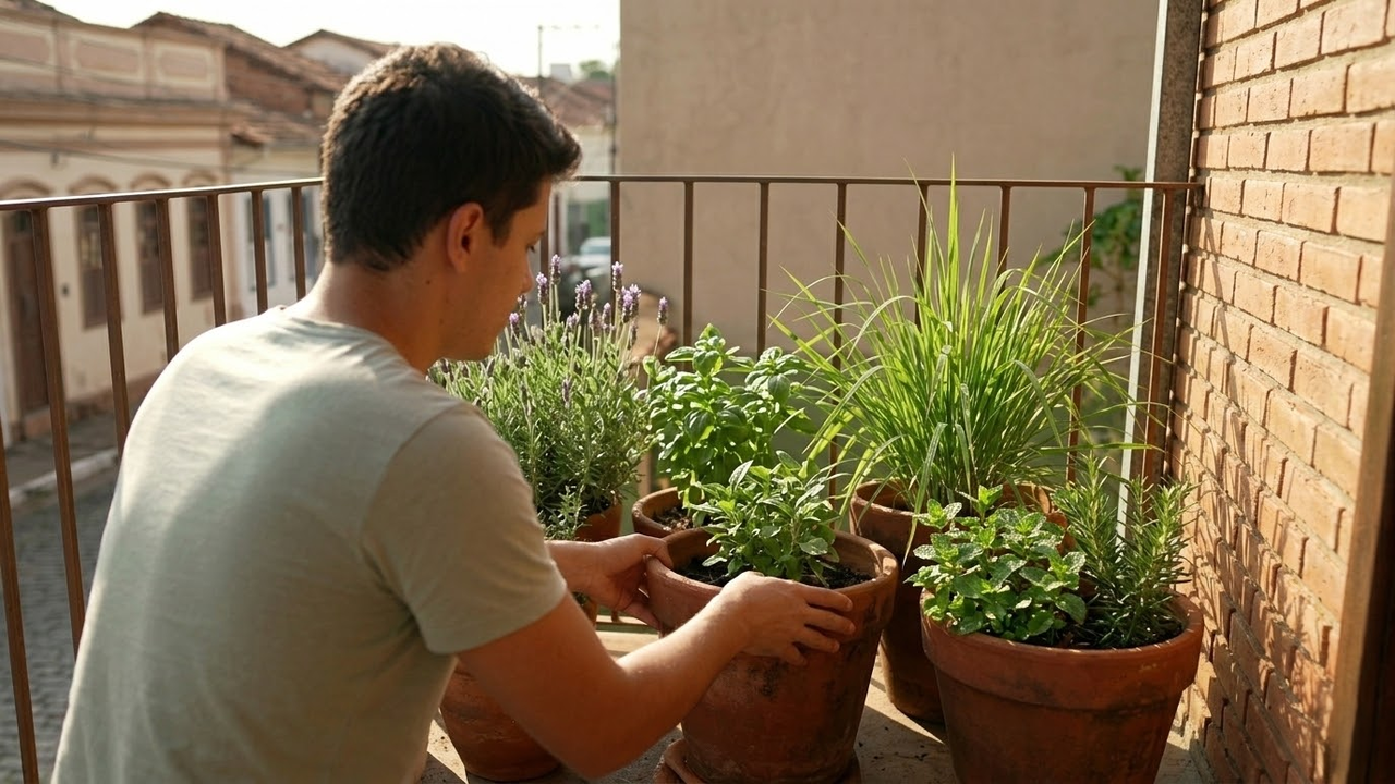Homem organizando vasos de plantas aromáticas em um pátio brasileiro ensolarado