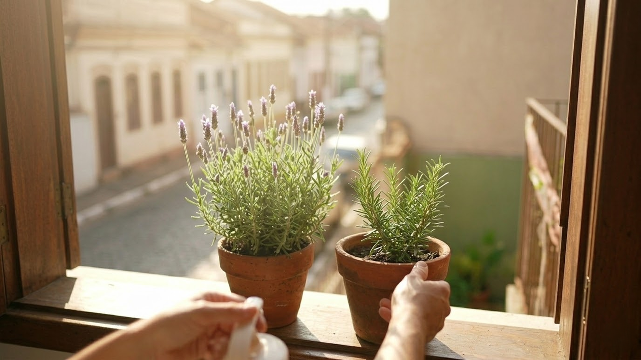Visão em primeira pessoa cuidando de Lavanda e Alecrim no parapeito de uma janela ensolarada