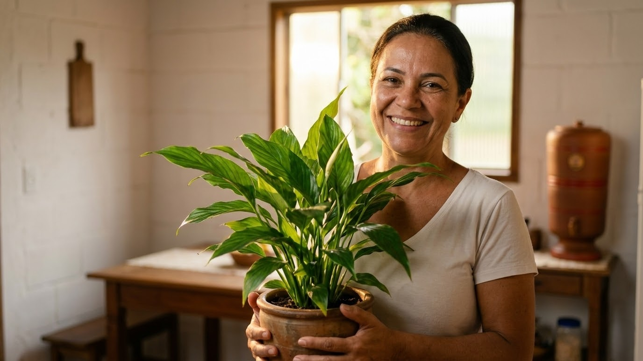 Mulher brasileira sorridente segurando um lírio da paz viçoso em uma cozinha iluminada