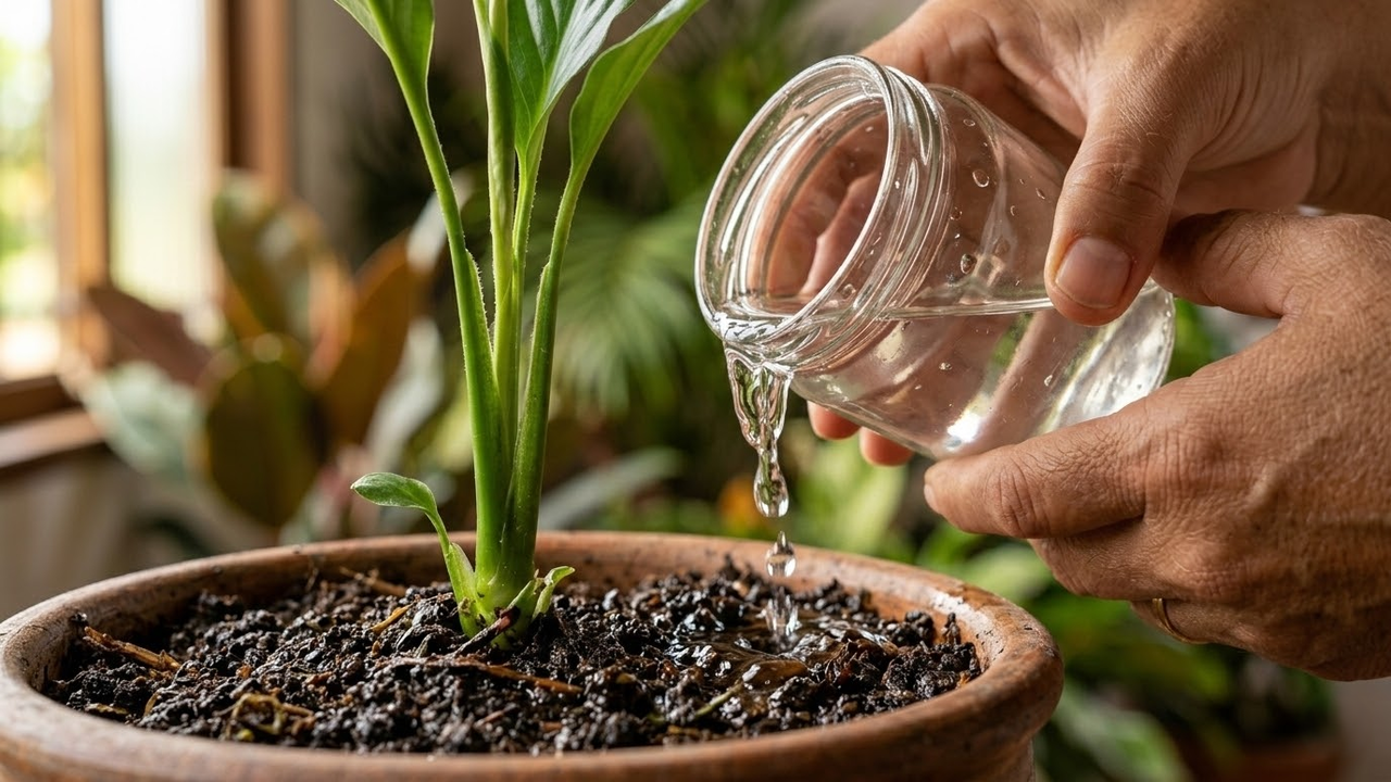 Close macro de mãos regando a terra de um vaso com água de vegetais