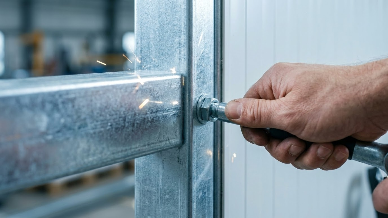 Detalhe em macro de uma conexão de aço galvanizado sendo ajustada em uma fábrica