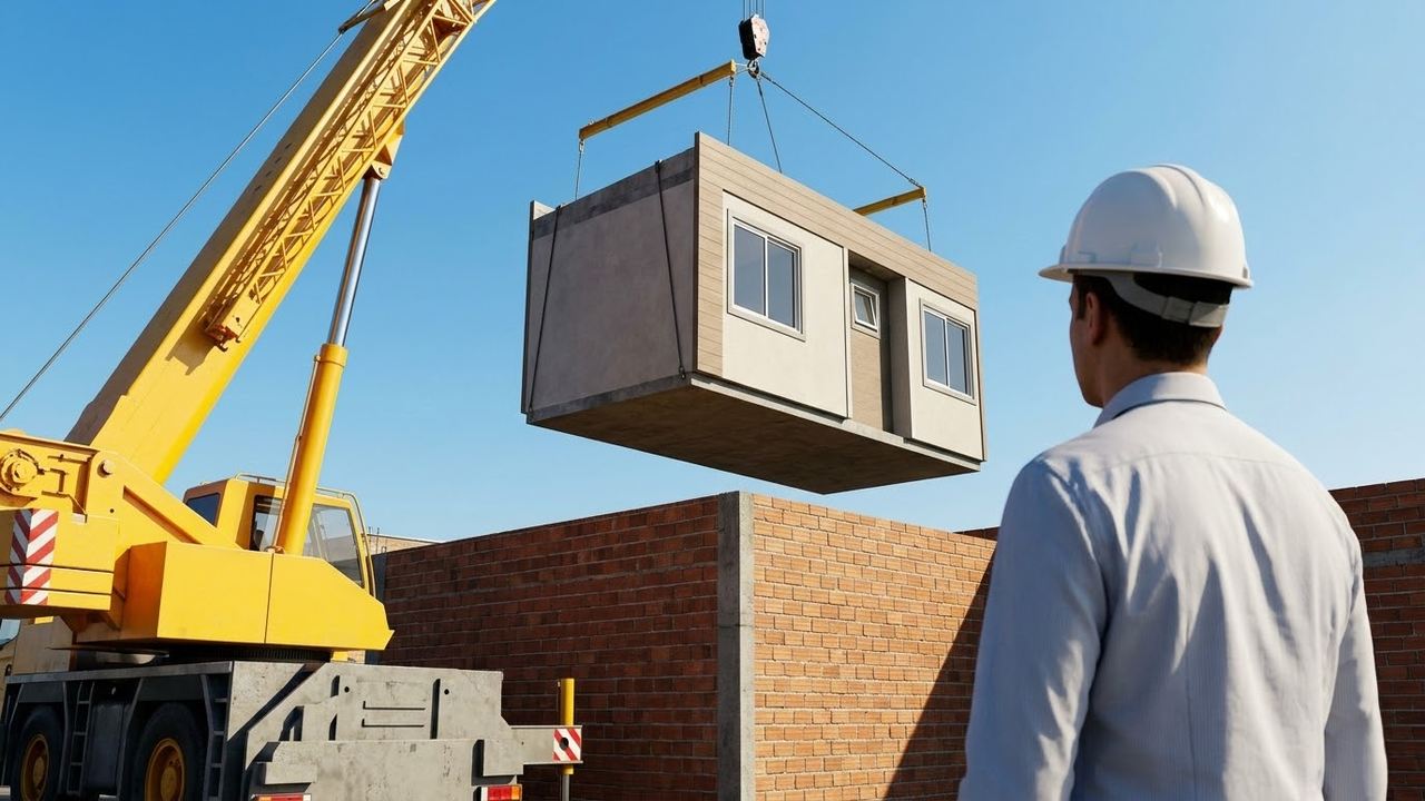 Guindaste içando um módulo habitacional completo sobre um lote residencial no Brasil