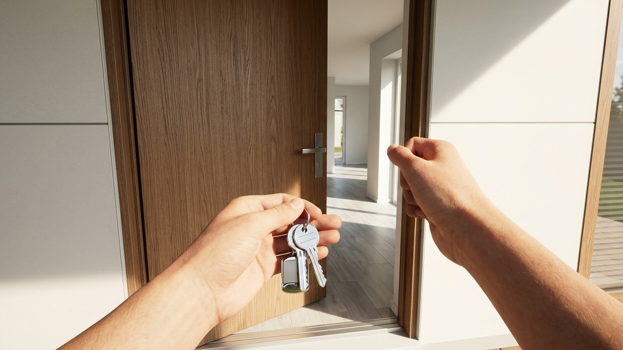 Visão em primeira pessoa segurando as chaves diante da porta da nova casa modular pronta.