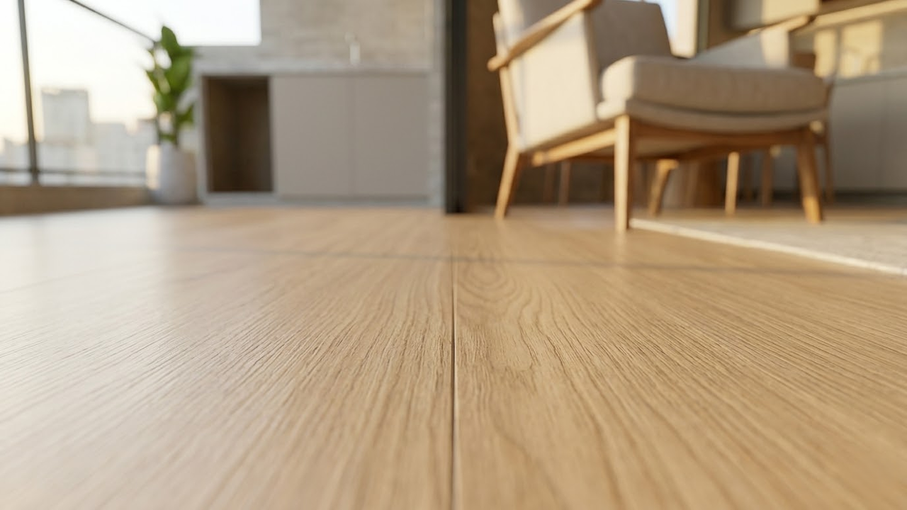 Detalhe em close do nivelamento perfeito entre sala e varanda.