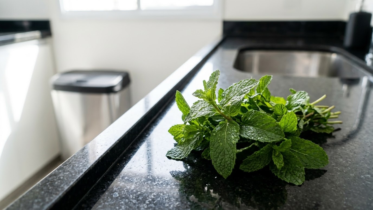 Folhas de hortelã frescas com gotas de água sobre granito limpo.