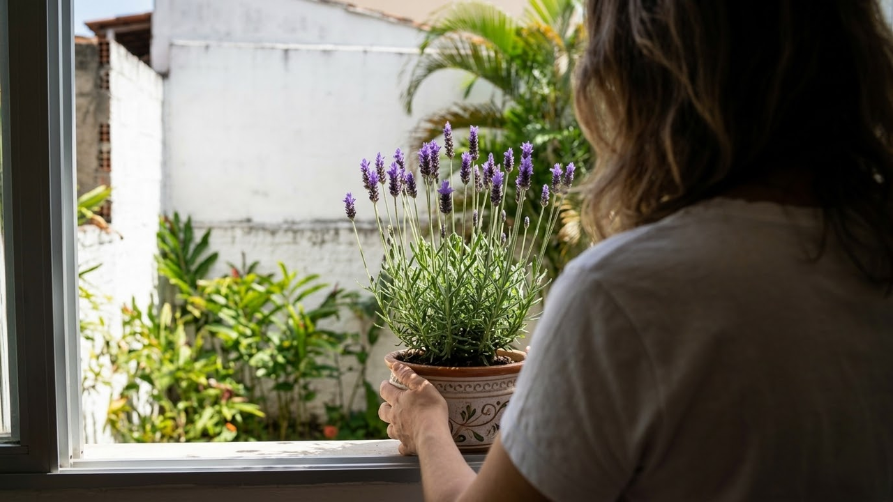 Morador posicionando vaso de lavanda na mureta da varanda.