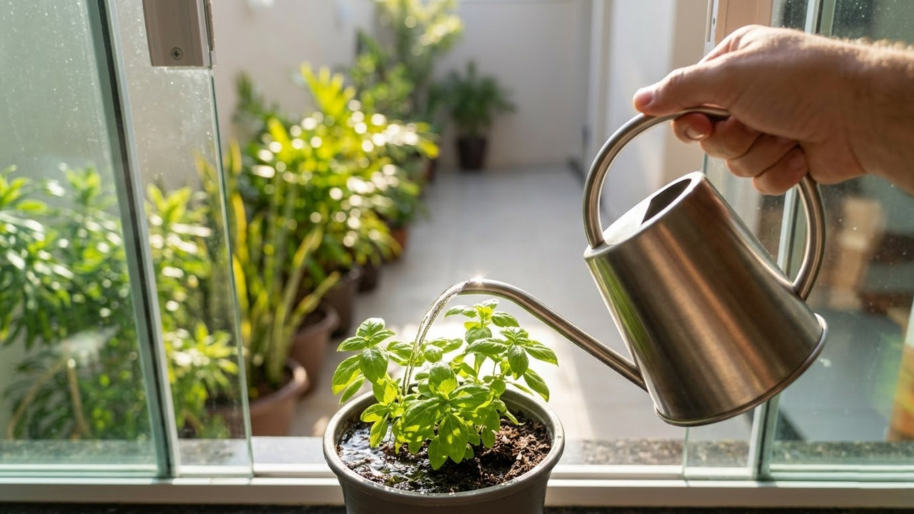 Visão em primeira pessoa regando manjericão na janela da cozinha.